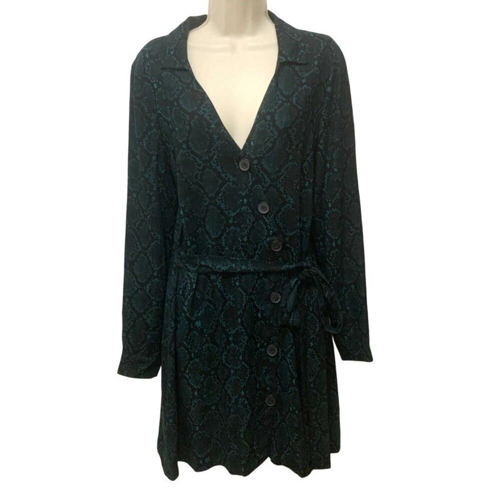 Zara TRF Wrap Dress Green Black Snakeskin Print Mini Belted Button Front XL